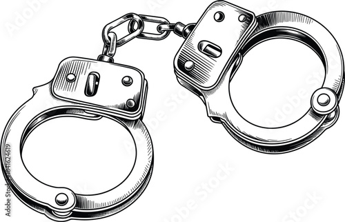 Police handcuffs, chain links, law enforcement, arrest, imprisonment, justice, crime vector illustration