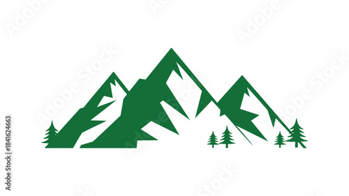 Minimalist green mountain landscape with geometric peaks and evergreen trees