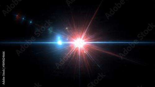Bright digital explosion of light with intense red and blue starburst rays. Futuristic cinematic anamorphic lens flare overlay on a dark black background, abstract energy design.