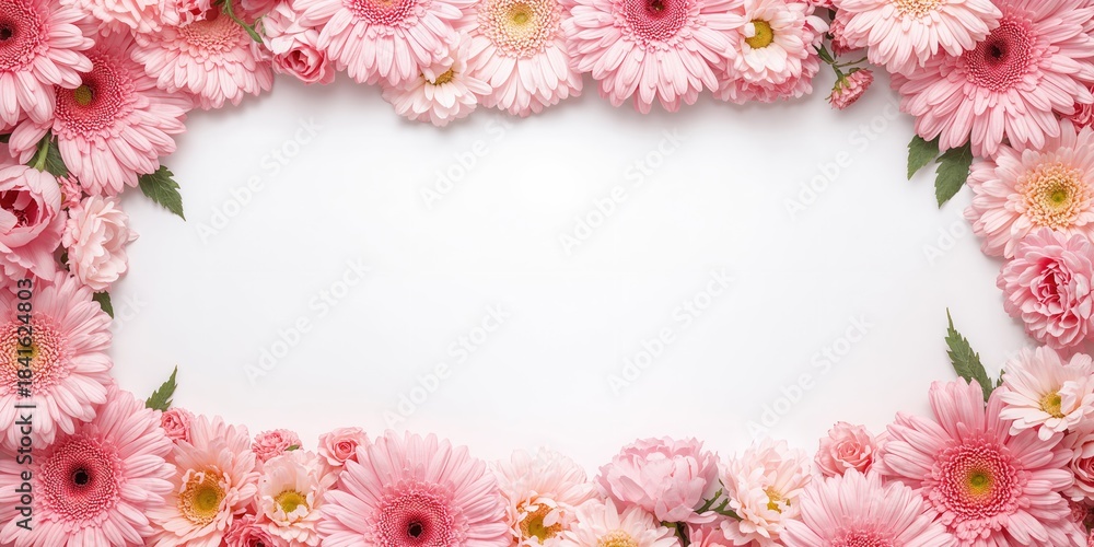 Fototapeta premium Pink flower frame on white background designed for Valentine's Day, floral pattern for holiday-themed layouts