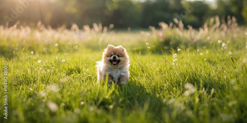 Fototapeta Naklejka Na Ścianę i Meble -  Cute fluffy puppy walking outdoors, natural environment and playful activity, Earth Day