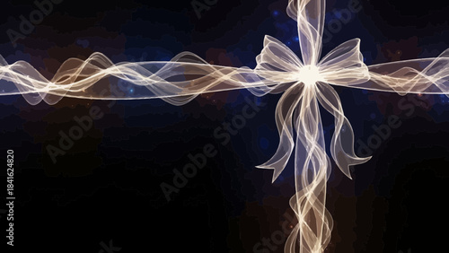 Glowing white cross with swirling light trails on dark background with blue accents and warm radiant center