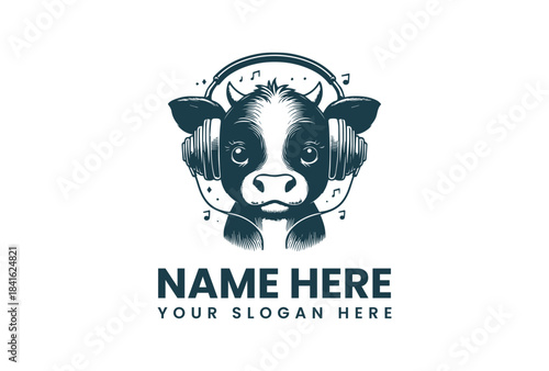 A vector illustration of a cow wearing headphones with a logo template and placeholder text on a white background.