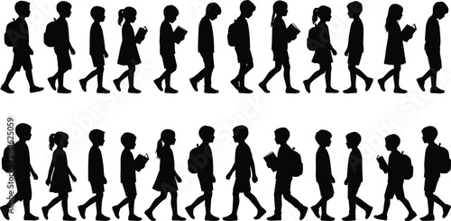 Silhouette of school children walking with backpacks and books, representing education, learning, routine, student life, childhood development, and daily school activities