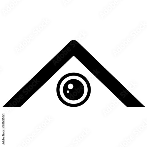 A geometric black and white icon combining a house roof shape and a camera lens representing home security isolated on transparent background