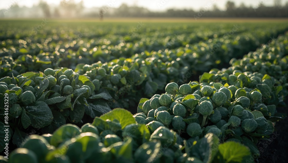 Fototapeta premium Brussels sprouts crop in a rural setting, highlighting sustainable farming methods