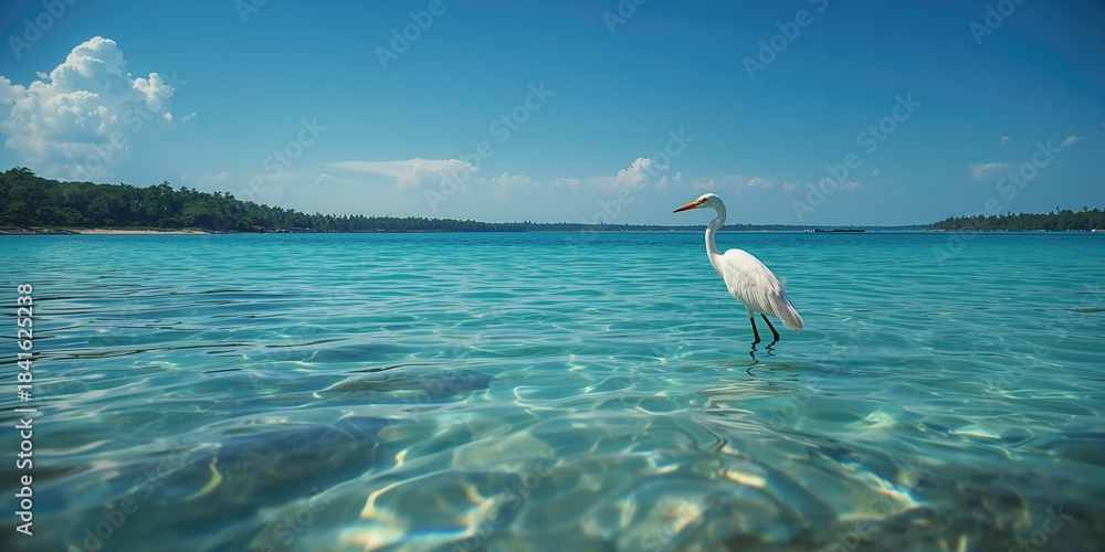 Fototapeta premium Small white egrets and painted storks resting in a turquoise lake, highlighting wetland conservation themes, World Wetlands Day