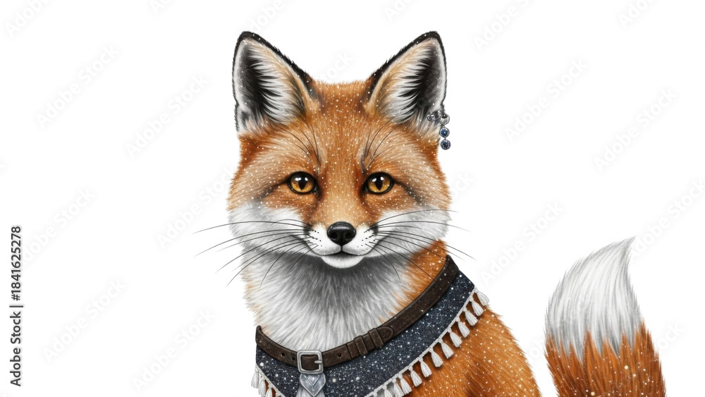 Obraz premium Detailed illustration of a realistic Red Fox wearing a rugged vest and collar isolated PNG with Transparent Background