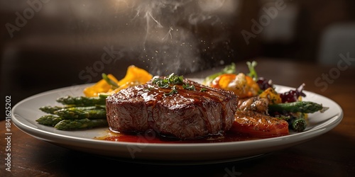 Cooked beef steak accompani...