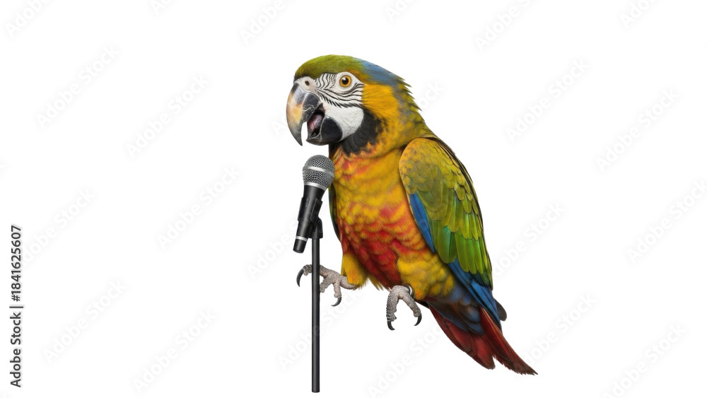 Obraz premium Funny Colorful Macaw Parrot Speaking or Singing into a Studio Microphone isolated PNG with Transparent Background