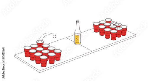 Animated beer pong game illustration showcasing cups bottle and flying ping pong ball for leisure