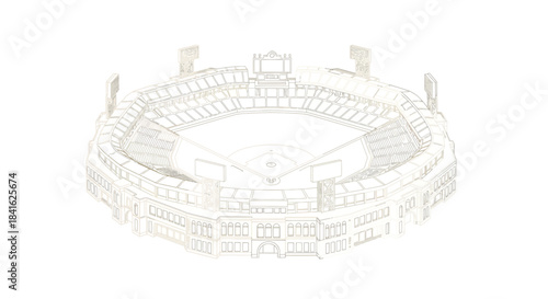 Architectural blueprint rendering showcases a prominent sports arena's captivating design aesthetics