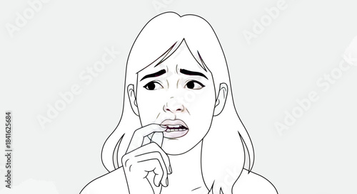 Anxious young woman biting her nails illustration reflecting insecurity and nervousness