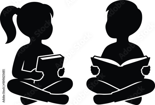Silhouette of two children reading books while sitting cross-legged, isolated on white background, depicting education, learning, childhood literacy, and study concepts