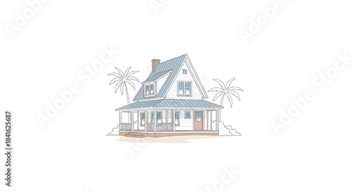 Architectural visualization: A charming coastal cottage with palm trees in a bright, minimalist