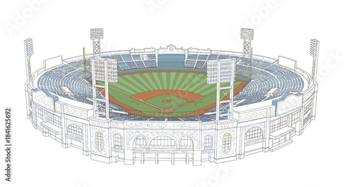 Architectural illustration depicting a stylized baseball stadium with intricate detailing and