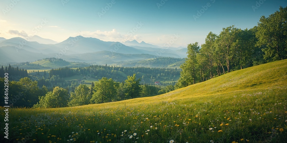 Fototapeta premium Lush rural landscape with summer mountains in the Beskydy hills, highlighting ecological conservation