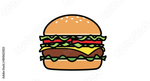 Cartoon rendition of a delicious hamburger showcasing fresh ingredients and vibrant colors