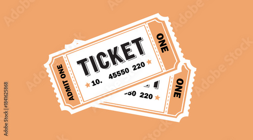 Two vintage style admission tickets for an event, featuring text like ticket and admit one, set against a solid orange background