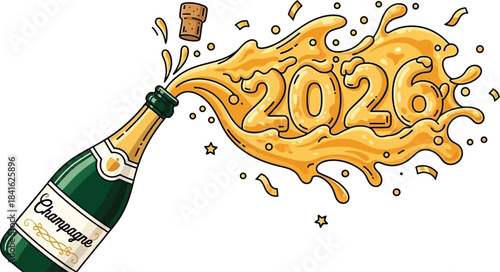 champagne bottle with splash new year 2026