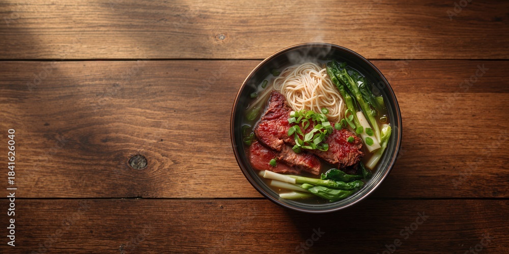 Obraz premium Sliced red braised beef and vegetables in a bowl of beef noodle soup placed on a wooden table, highlighting classic comfort food