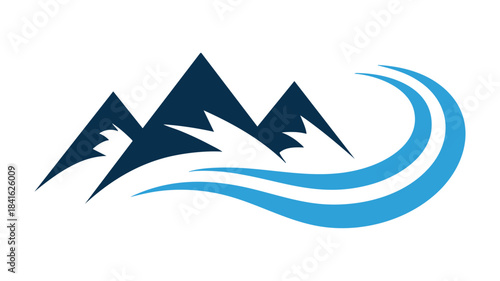 A minimalist logo design featuring blue mountains and a flowing wave on a white background.