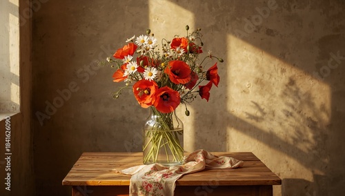 Red poppies and white daisi...
