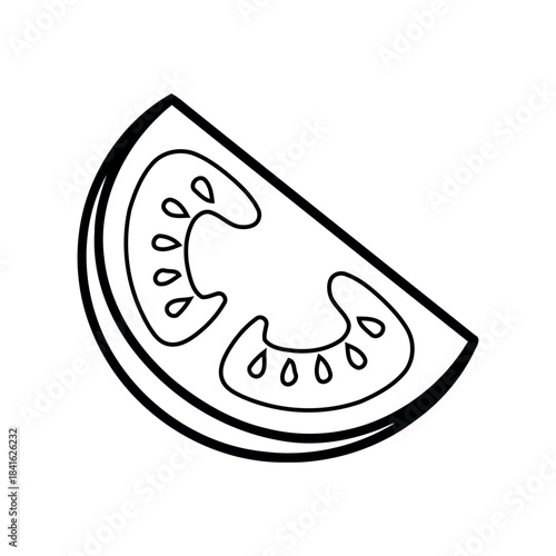 A minimalist, black and white line art illustration of a sliced tomato showing the inner seeds. The clean lines and simplicity emphasize the smooth texture of the tomato.