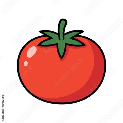 A cartoon-style colored illustration of a ripe tomato with a shiny appearance and green leaves on top.