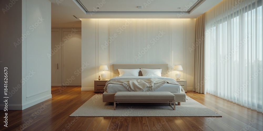 Obraz premium Main bedroom with white walls and wooden flooring, focusing on bed placement and furniture arrangement for home decor