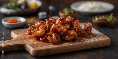 Fototapeta Naklejka Na Ścianę i Meble -  Closeup of fried octopus pieces with sauce and spice on a wooden board, highlighting snack presentation for food safety