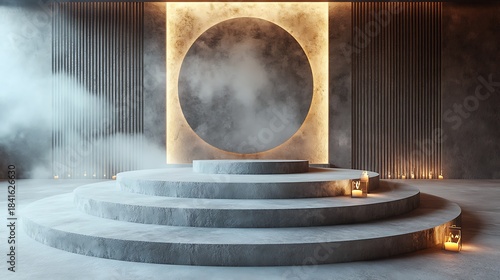 A futuristic concrete podium stage with a glowing circle and mystical fog