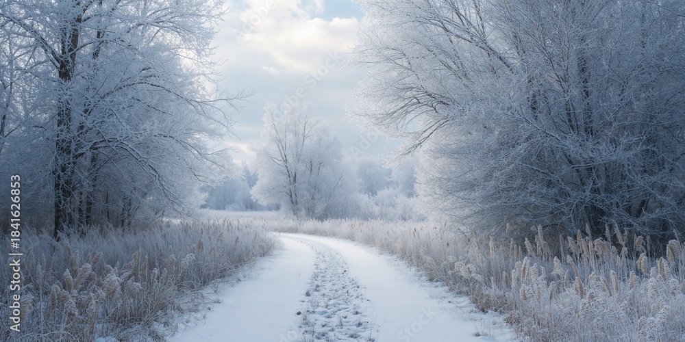 Naklejka premium Winter landscape with a winding snow trail amid frosted trees and grasses, highlighting seasonal change