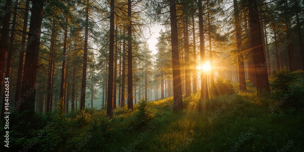 Fototapeta premium Sunshine illuminating a dense coniferous forest, ideal for nature photography and landscape design