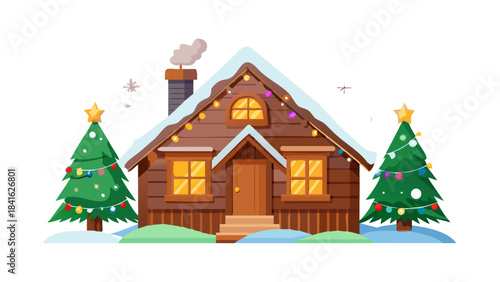 A wooden winter cabin with a giant Christmas tree growing out of its roof, branches glowing with ornaments, warm welcoming light from the windows