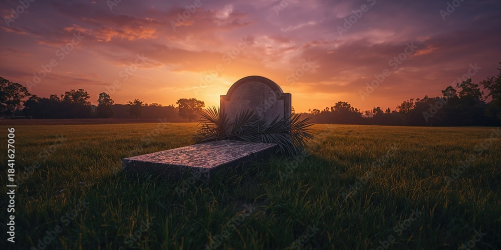 Fototapeta premium Palm Sunday scene with a tombstone and palm leaves set against a meadow sunset, seasonal reflection