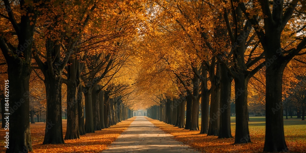 Fototapeta premium Tree-lined avenue in Green Park showing autumn foliage, seasonal change