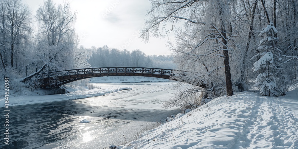 Naklejka premium Bridge in German during winter with snow, urban infrastructure under seasonal snowfall
