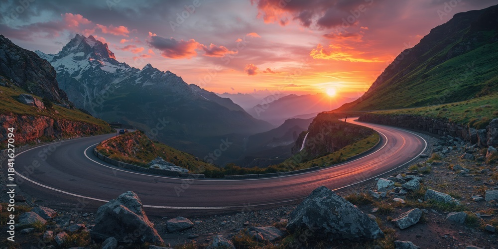 Naklejka premium Evening light shines on stones at Klausen Pass with mountain range in the distance, outdoor scenery, seasonal change