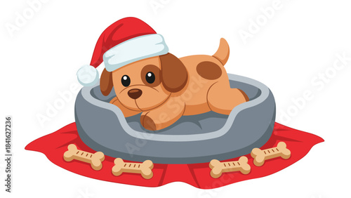 A cute brown dog wearing a santa hat lying in a dog bed on a red blanket with dog bones