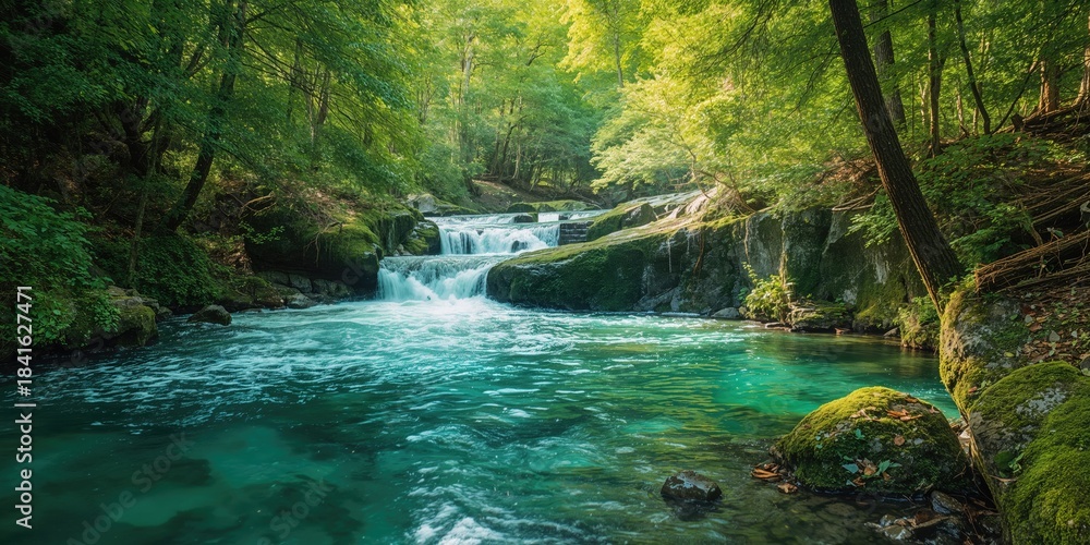 Naklejka premium Mossy rocks and flowing water in a forest stream, ideal for landscape layout