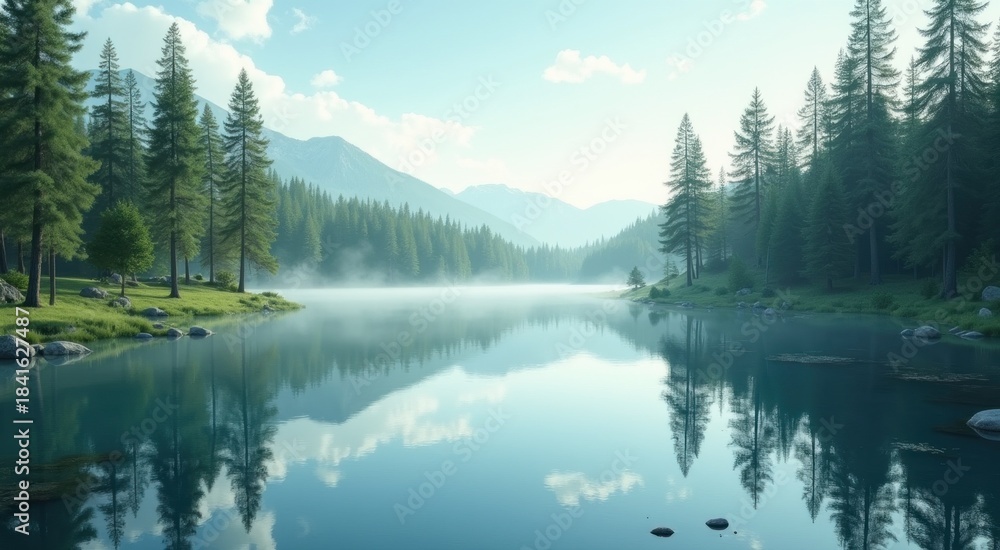 Fototapeta premium Lake with a mountain in the background and a few trees