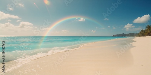 Fototapeta Naklejka Na Ścianę i Meble -  Seaside landscape featuring a rainbow over the water, suitable for editorial header backgrounds