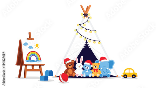 A group of stuffed animals wearing santa hats sitting in front of a tent and an easel with a painting on a