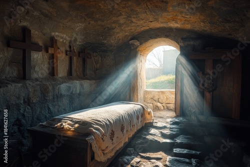 A photograph of the empty tomb with Jesus' burial shroud laid on one side, with three crosses in the background and sunlight streaming through an open door, symbolizing his presence as the Risen