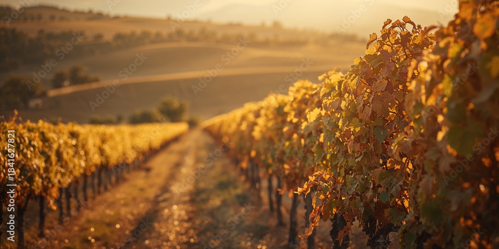 Fototapeta premium Detailed shot of ripe grapevines in a historic wine-producing area, highlighting agricultural labor and crop management
