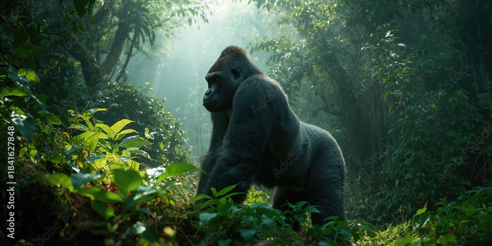 Fototapeta premium Wild mountain gorilla consuming vegetation in lush forest environment, focusing on dietary habits and ecological role