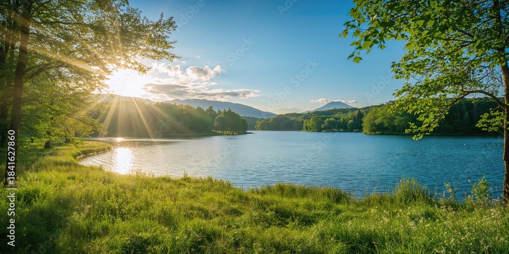Fototapeta premium Summer nature landscape in Sapporo, Hokkaido, Japan with lush greenery and clear skies, seasonal change
