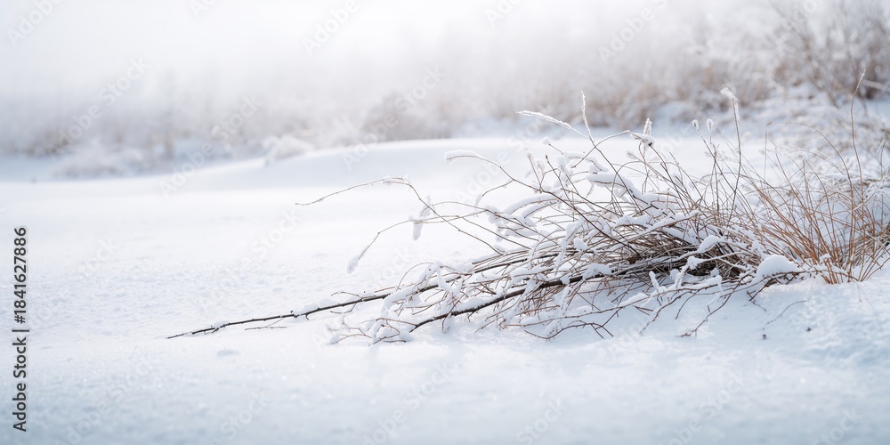 Naklejka premium Dry branches lying on snow in winter landscape, seasonal change