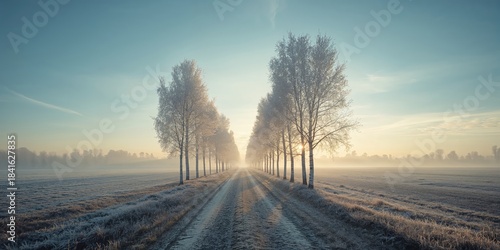 Tree-lined road passing through a forest, emphasizing natural landscape for signage or visual themes